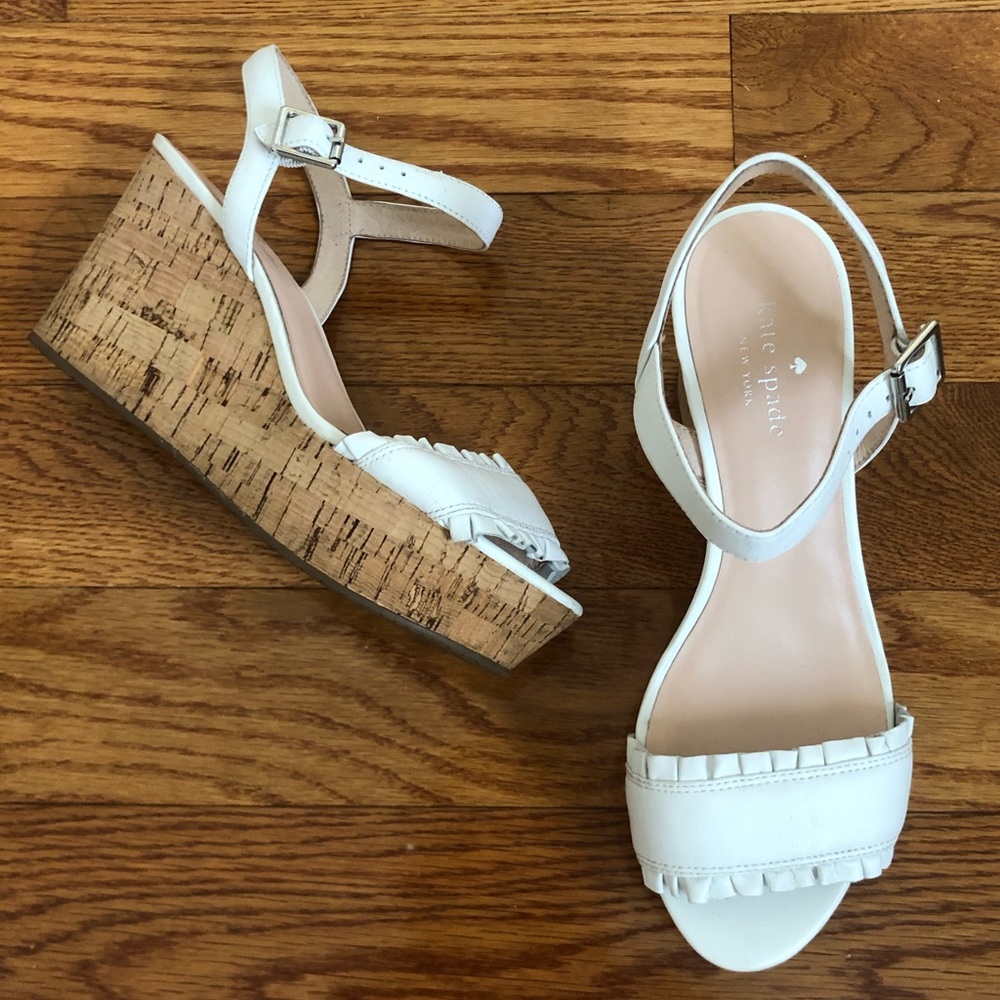 Kate Spade White Ruffle Cork Wedges